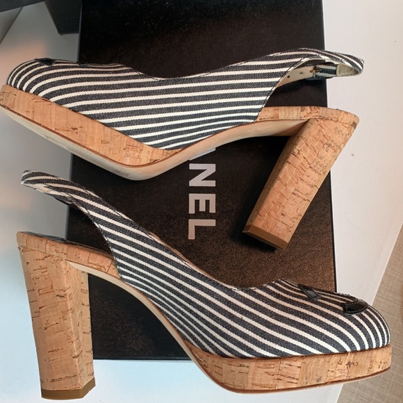 CHANEL Shoes Black White Striped Platform Cork Canvas Patent Slingback CC Heels - Picture 14 of 16